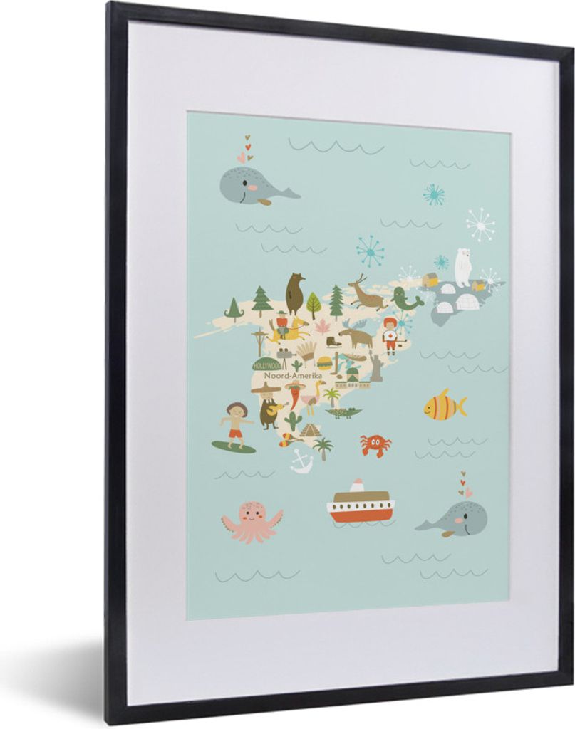 MuchoWow MuchoWow Gerahmtes Poster Weltkarte Kinder - Amerika - Farben 30x40 cm - Poster mit zchwarzem Bilderrahmen - Wandposter Schlafzimmer