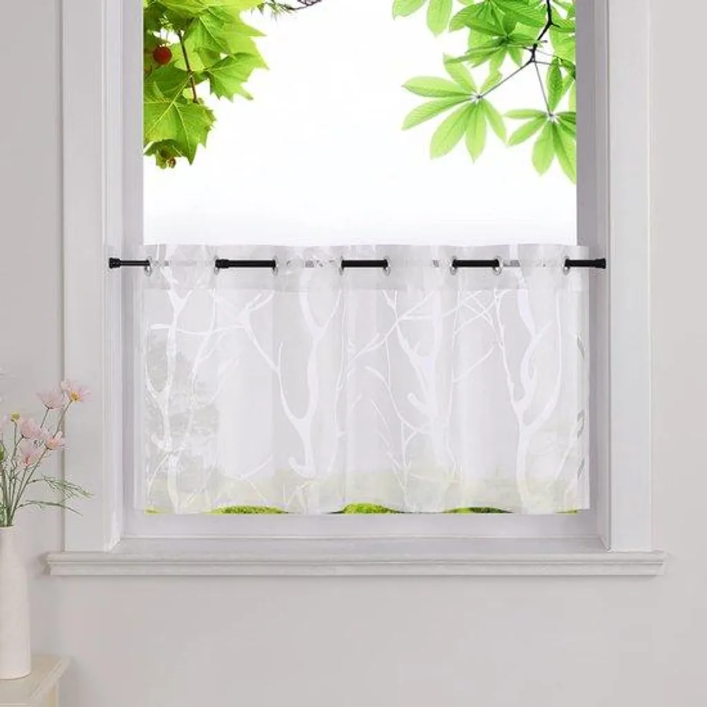 Rideau cuisine brise-vue blanc 45x120 motif branches anti-regards