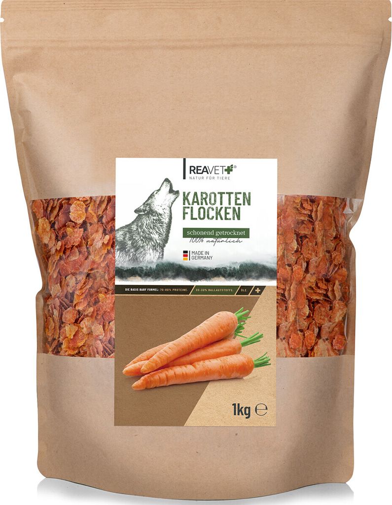 REAVET Karottenflocken Hund 1kg, Karottenflocken Hunde, Gemüseflocken Hunde getreidefrei, Gemüseflocken Hunde Barf, Barf Zusatz Hund