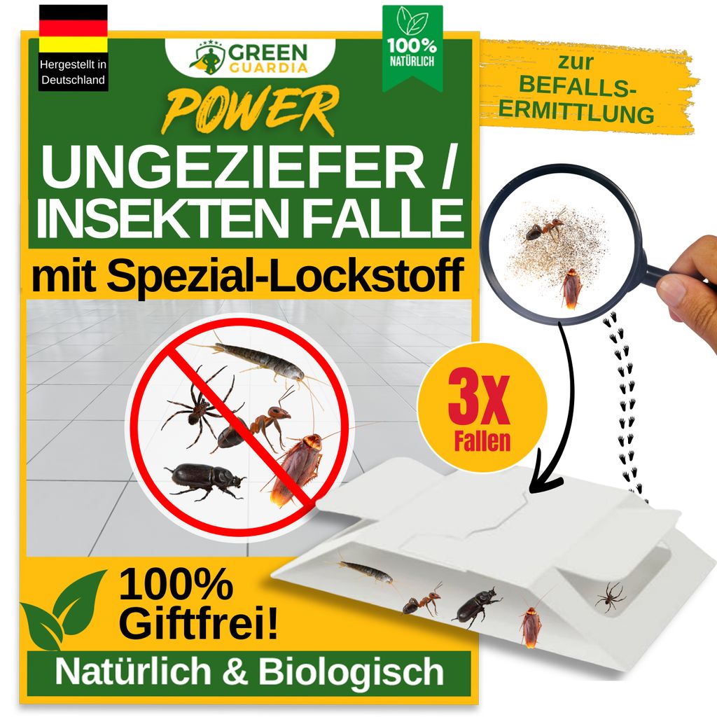 A marketing image for Green Guardia insect traps, showing the product and its features.