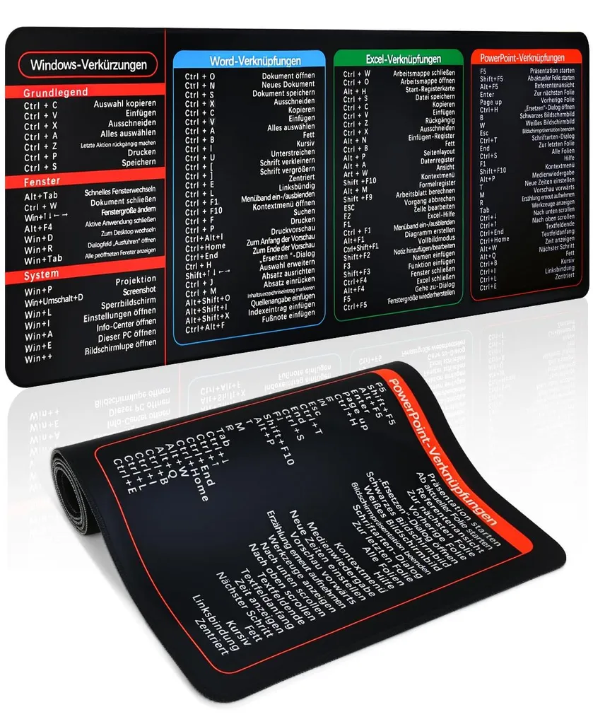 Tapis de souris Excel Allemand 80x30 cm XXL avec Raccourcis Clavier