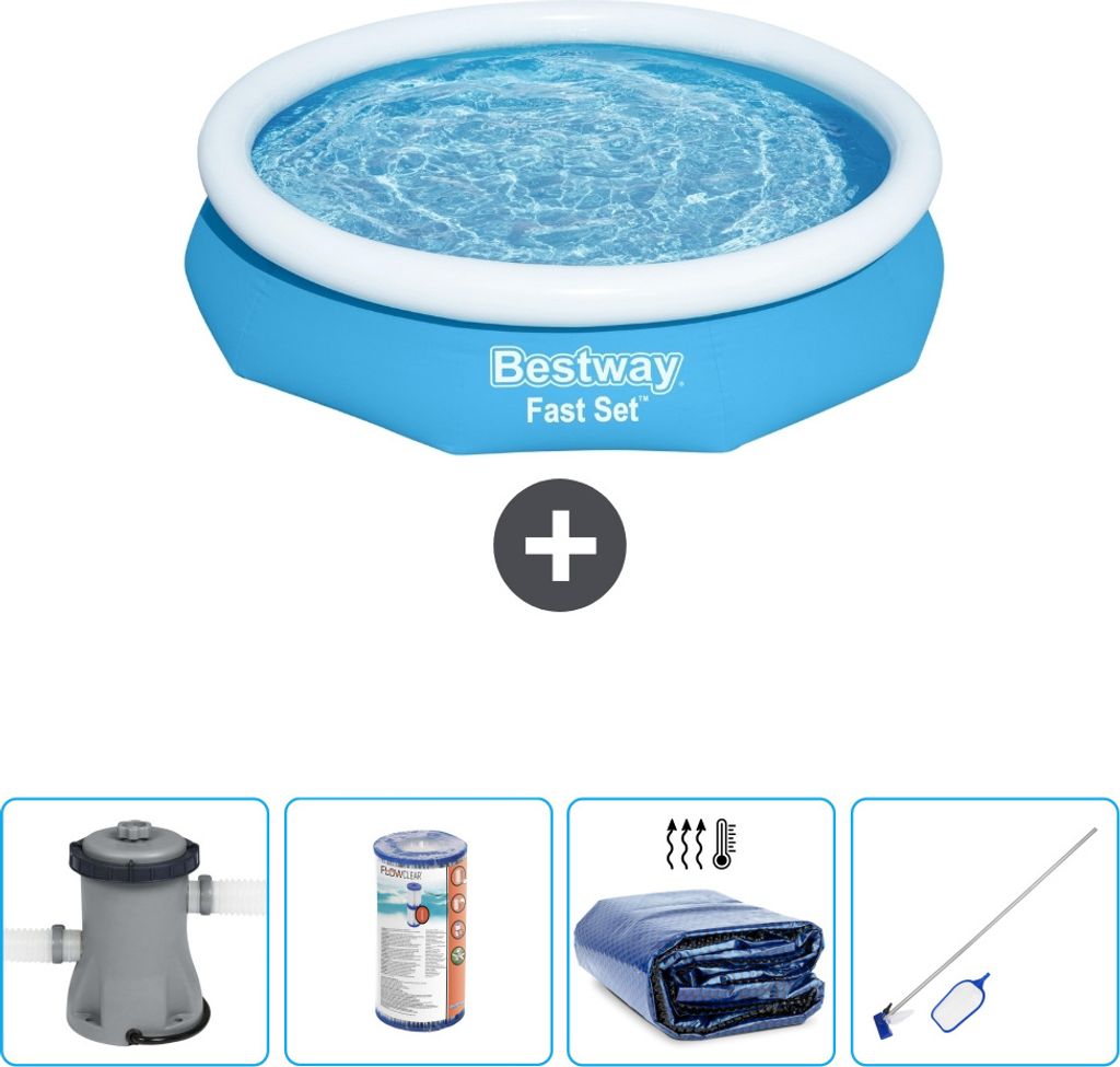 Bestway runder aufblasbarer Fast-Set-Schwimmpool – 305 x 66 cm – Blau – inklusive Pumpe Filter - Sonnensegel - Reinigungskit