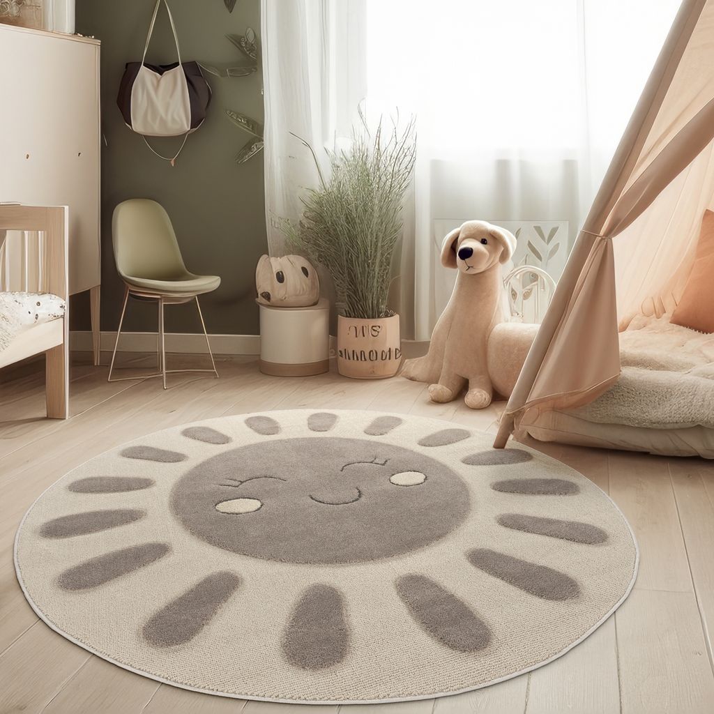 Moderner Kinderzimmerteppich Spielteppich weich 3D Effekt Naturtöne Grösse 160 cm Rund