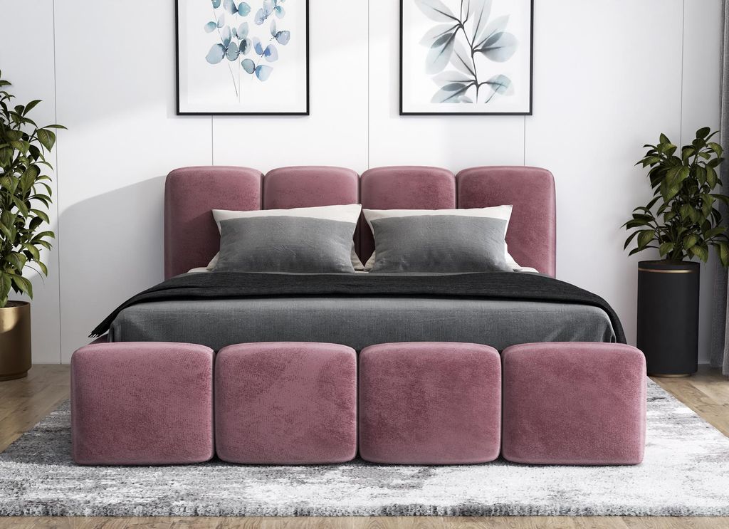 Polsterbett DONA-OM mit Bettkasten und Metallgestell 180 x 200 cm. Modernes Doppelbett mit Stauraum, ohne Matratze. Farbe: Rosa