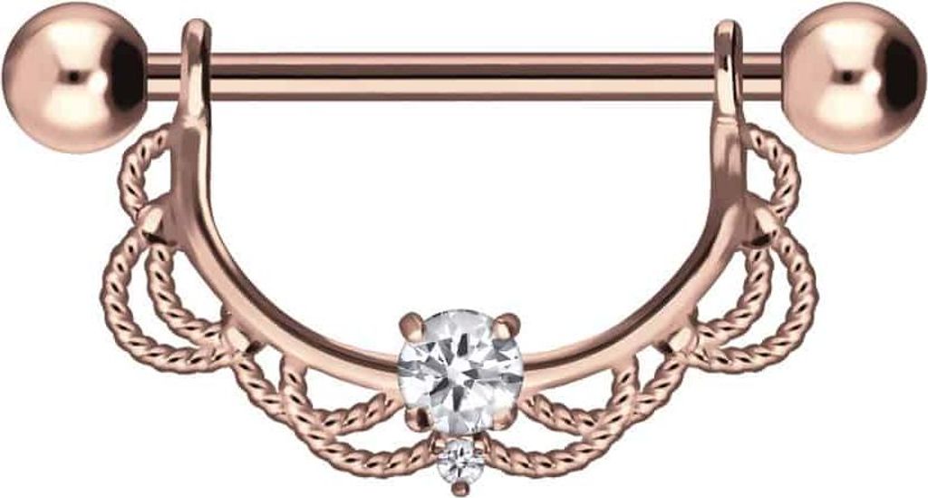 Brustwarzenpiercing, Zungenpiercing, Intim-Piercing Chirurgenstahl Nippelpiercing ORIENTALISCHES DESIGN + KRISTALL RoséGold Stablänge: mm