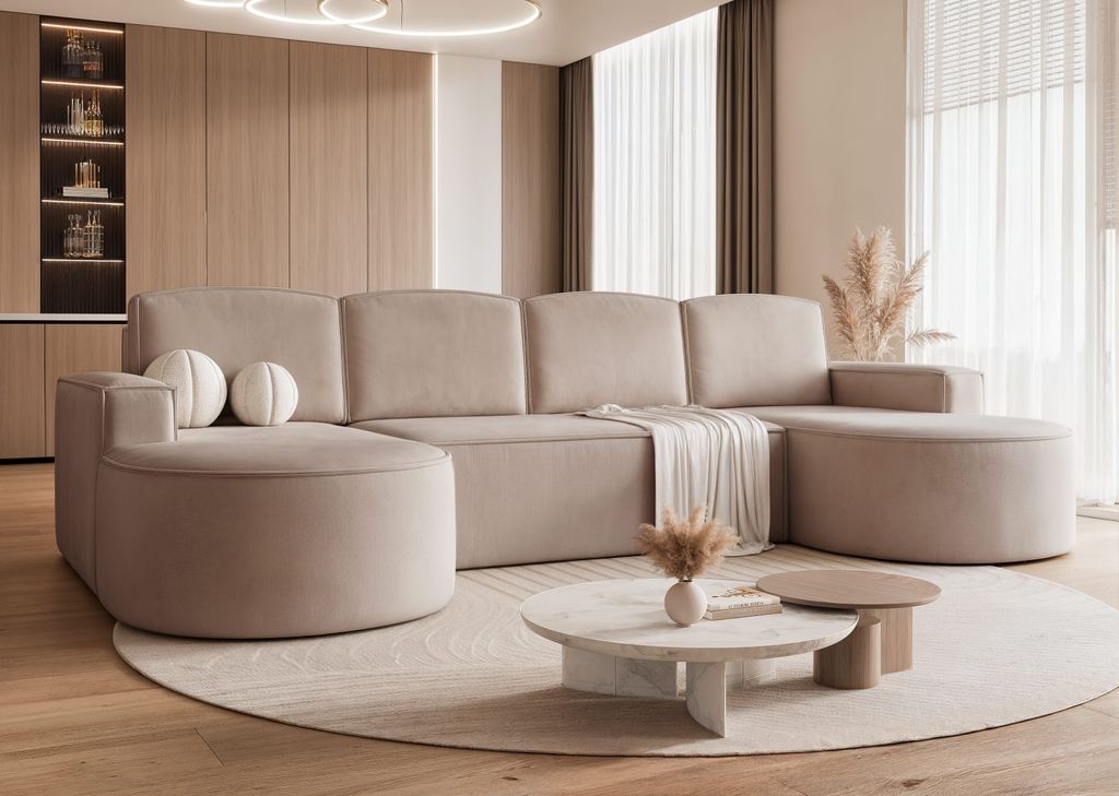 Gepolstertes Ecksofa SOFIA VELVET mit Schlaffunktion - Sofa U mit Relaxfunktion und Staufach Eckcouch Freistehendes Riviera 16 Beige