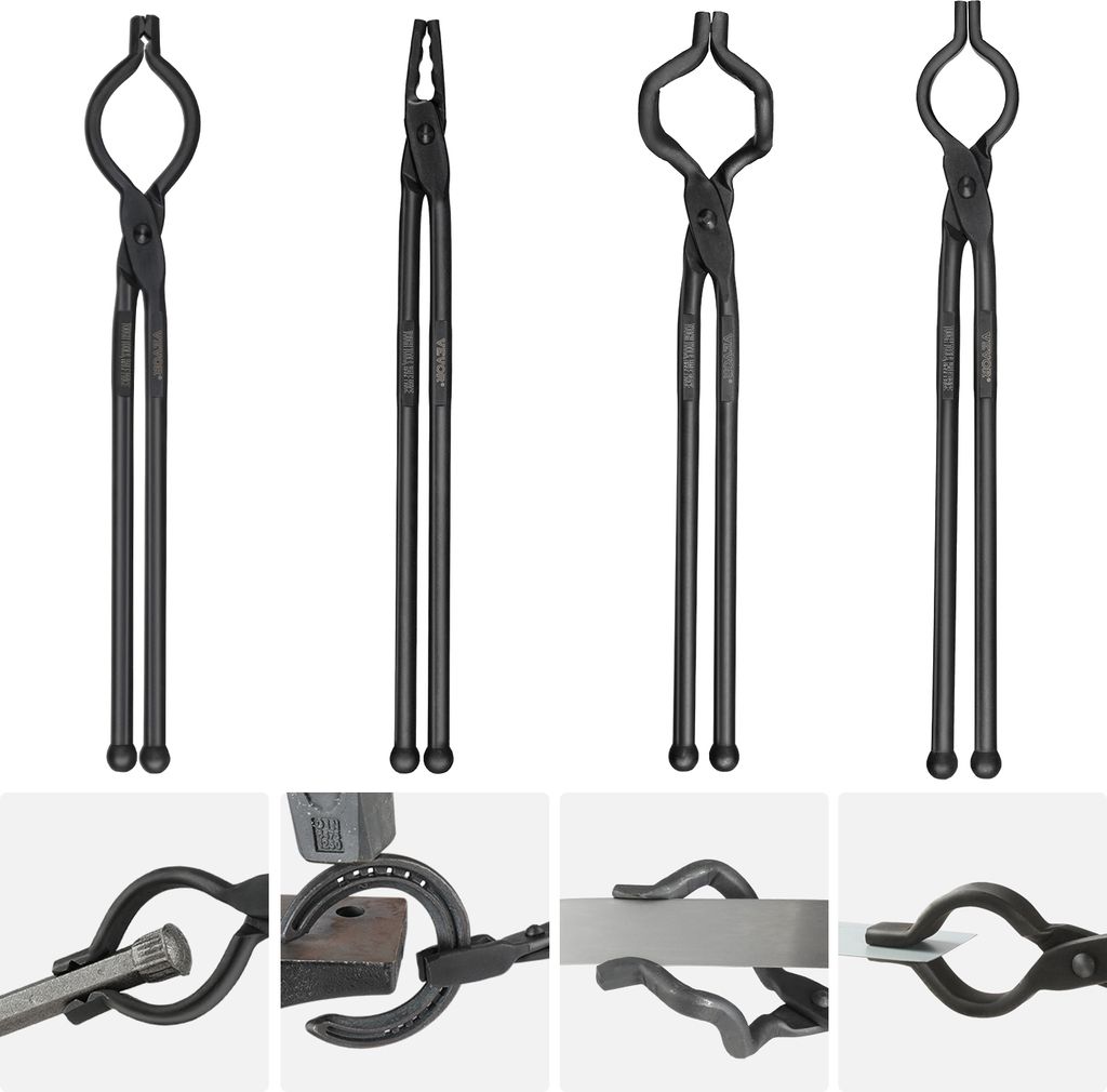A collage of images showing different types of blacksmith tongs and their uses.