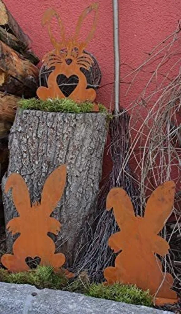 Rostikal Lot de 3 Lapins de Pâques 40 cm en Métal Patiné pour le Jardin