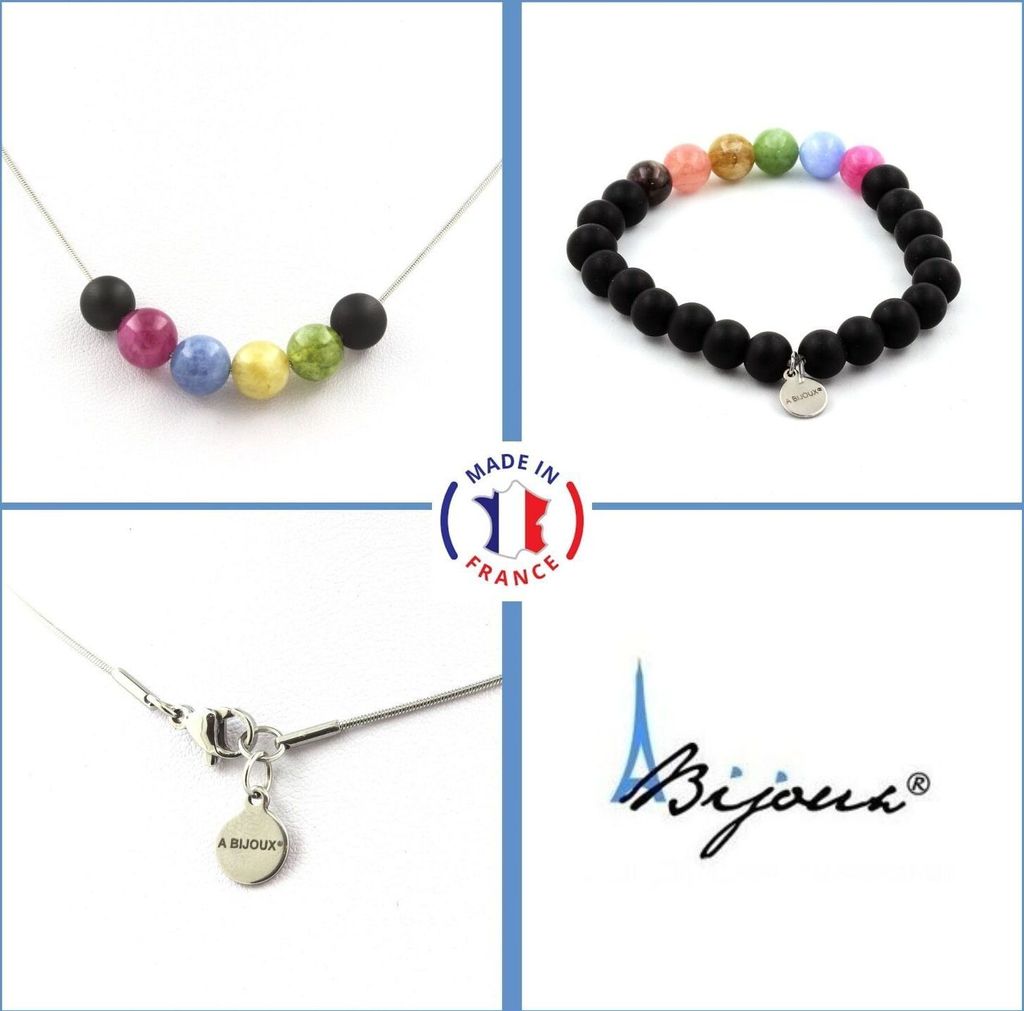 Armband-Halsketten-Set mit mehrfarbigen Turmalinperlen + mattschwarzer Onyx-Edelstahlkette mit 8 mm Durchmesser