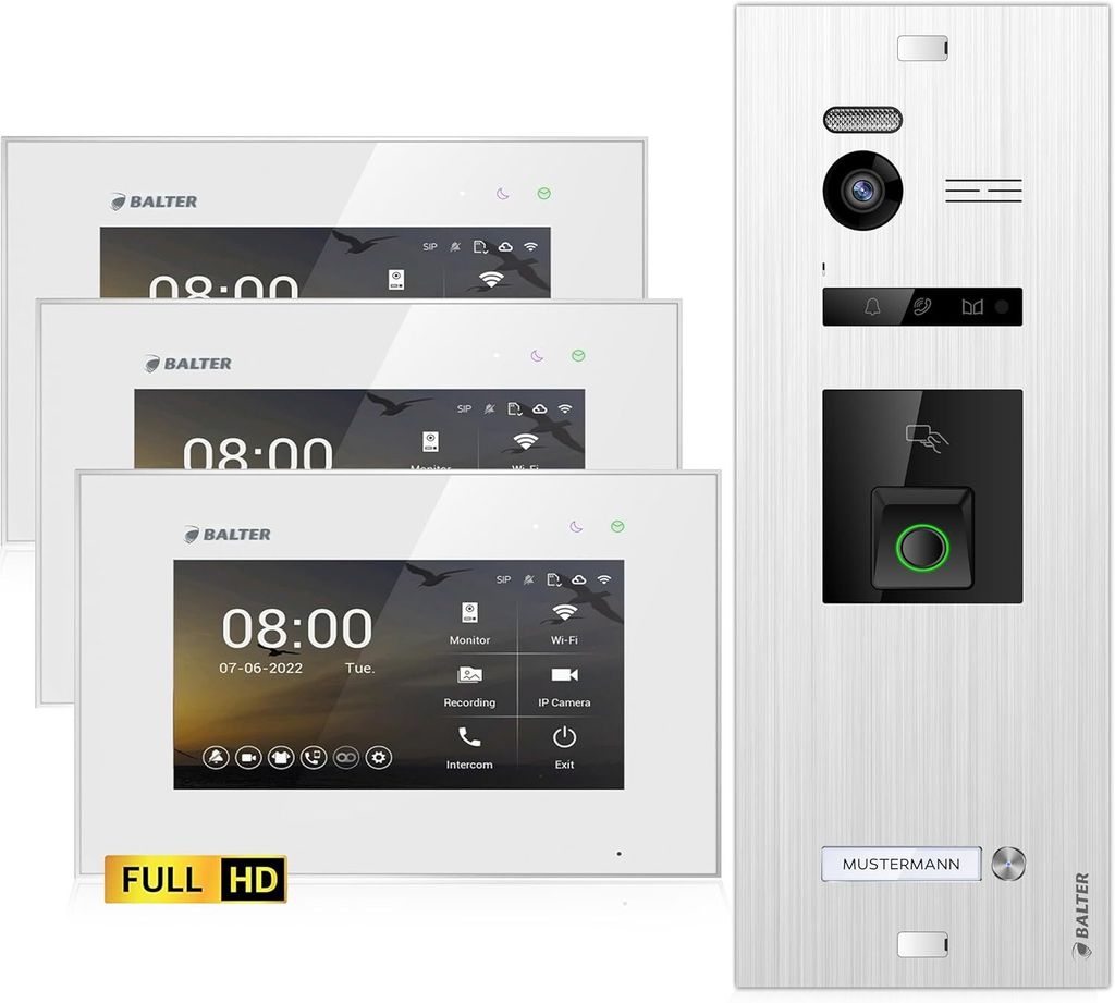 HD Video Türsprechanlage mit Fingerprint und RFID für 1 Familienhaus, 3x Monitore, Balter EVO HD Fingerprint