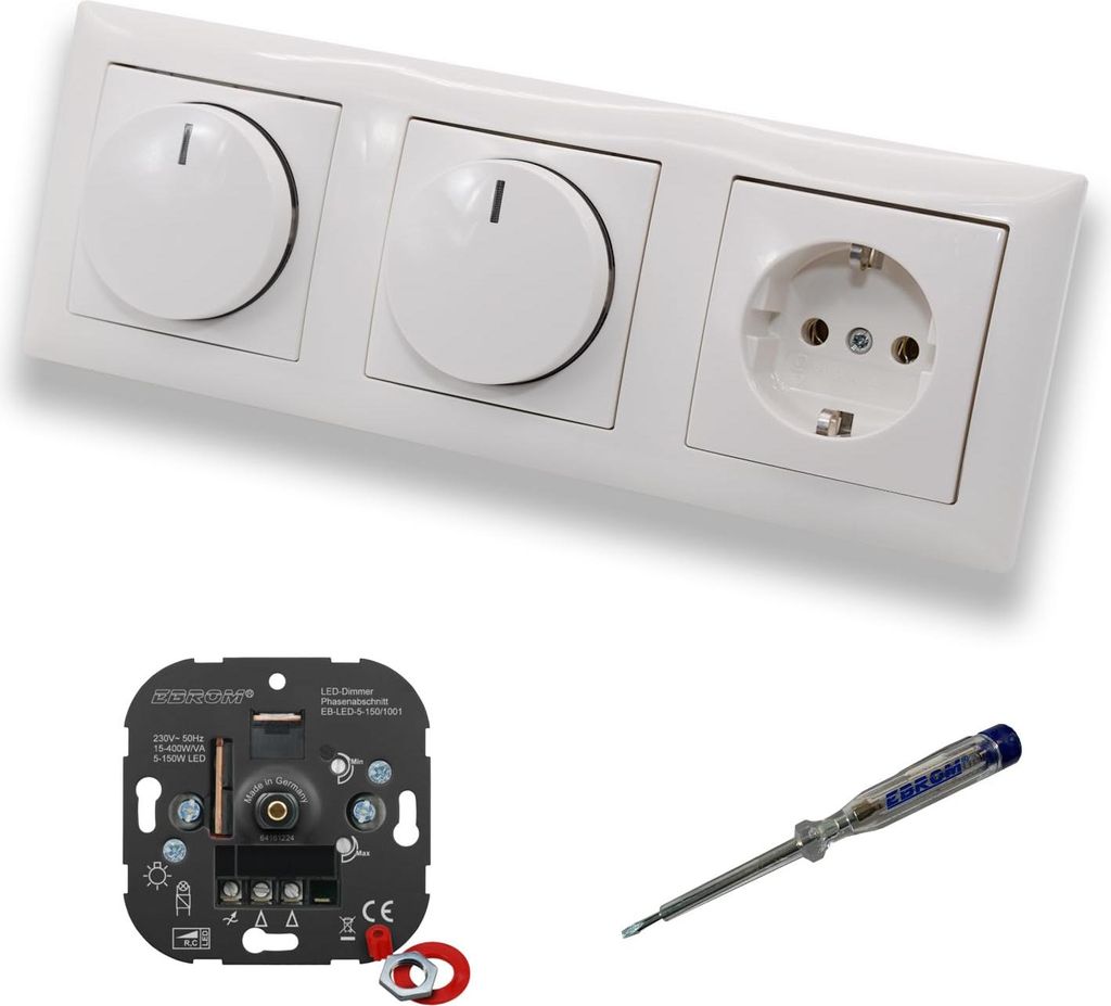 EBROM 1001 (2 x) LED Drehdimmer Dimmer + Busch Jäger Dimmerscheibe 2115-914 und Steckdose 20EUC-914 in Balance Si alpinweiß glänzend inklusive E...