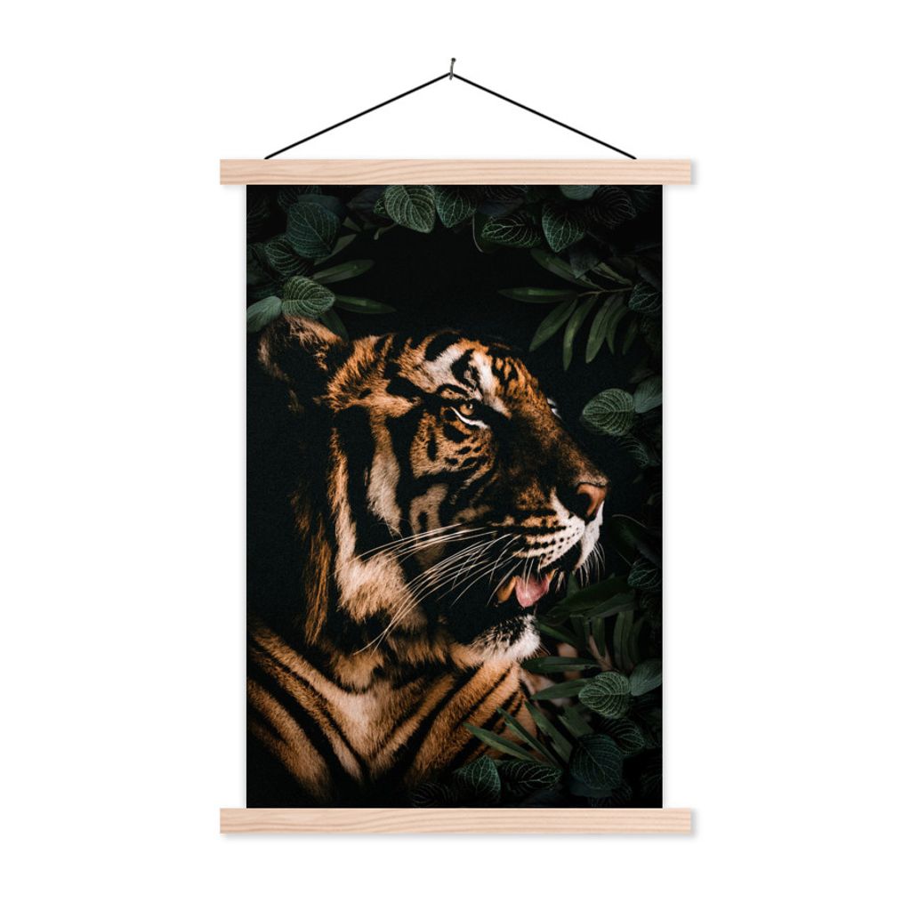 MuchoWow Textilposter Tiger - Brüllen - Pflanzen 60x90 cm mit holzfarbenen Rahmen - Textil