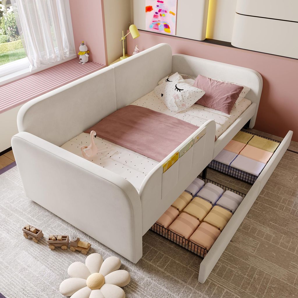 Schlafsofa 90x200cm mit 3 Taschen, 2 Schubladen, Rollen, Samtbezug, weißem MDF-Sperrholz