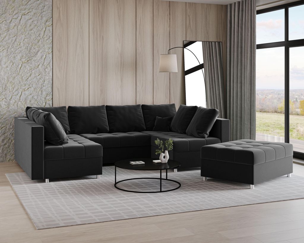 Ecksofa mit Schlaffunktion und Bettkasten Prince Sofagarnitur mit Fußhocker Schlafsofa U-Form Schwarz