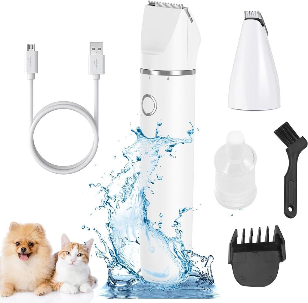 Hundeschermaschine, 2-in-1 Profi Tierhaarschneider, Pfotentrimmer mit LCD Anzeige, Hund Katze Haarschneider Ultra leise, IPX7 Wasserdicht, Weiß