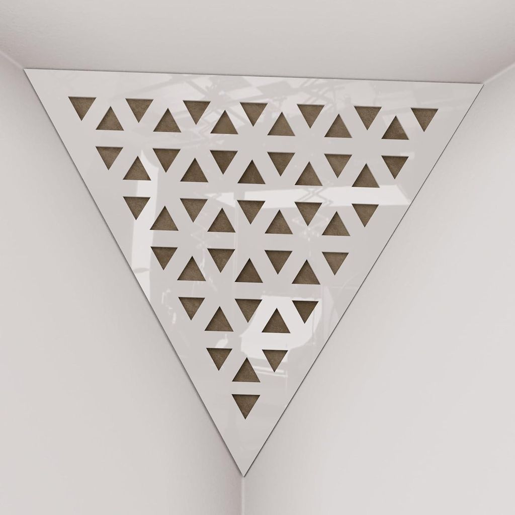 2er-Pack – Deckenecken-Bassfalle "Triangle-F" | Pyramidenförmiger Akustikschaum mit laminierter HDF-Platte und Stoff [TRI -Weißer Kunststoff|Be...