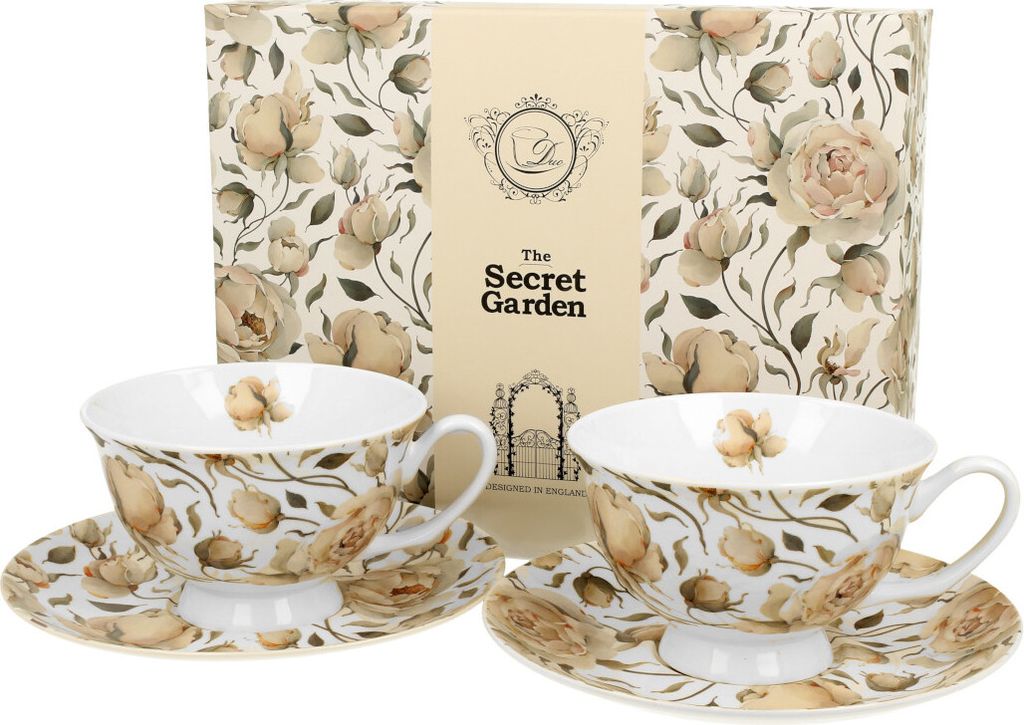 DUO FLORAL 2er-Set königliche Tassen 250 ml ENGLISH ROSES WHITE mit Untertassen, New Bone China Porzellan