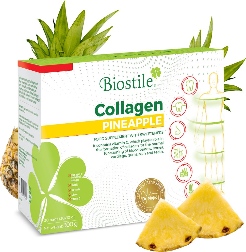 Biostile Collagen Pineapple – 30 Beutel mit 5 Quellen von hydrolysiertem Kollagen, Vitamin C, Kurkumin und Shilajit für Haut, Gelenke und Knochen