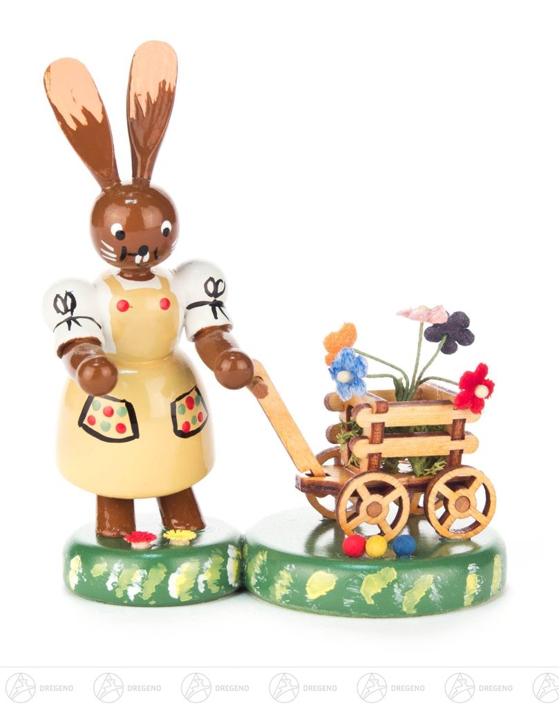 Ostern & Frühjahr Häsin mit Blumenhandwagen Breite x Höhe ca 8,5 cmx10,5 cm NEU