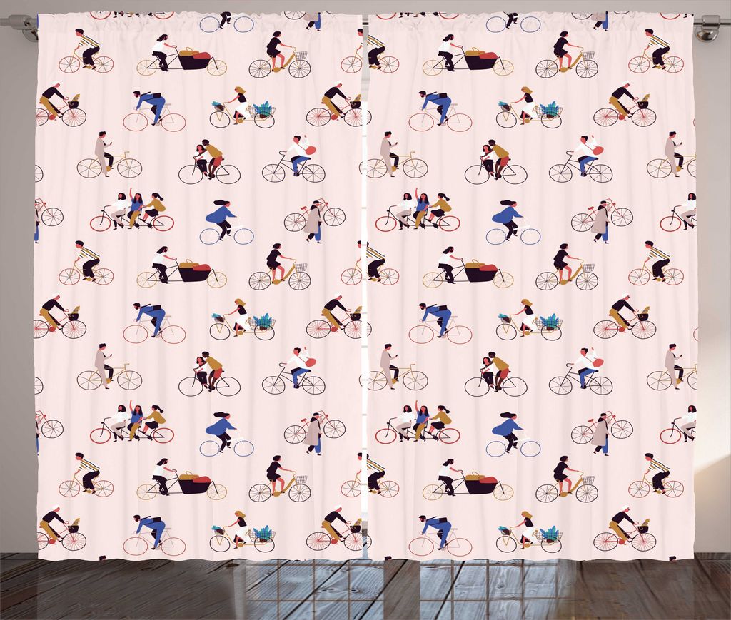 ABAKUHAUS Fahrrad Rustikaler Gardine, Männer und Frauen auf Fahrrädern Kunst, Schlafzimmer Kräuselband Vorhang mit Schlaufen und Haken, 280 x 22...