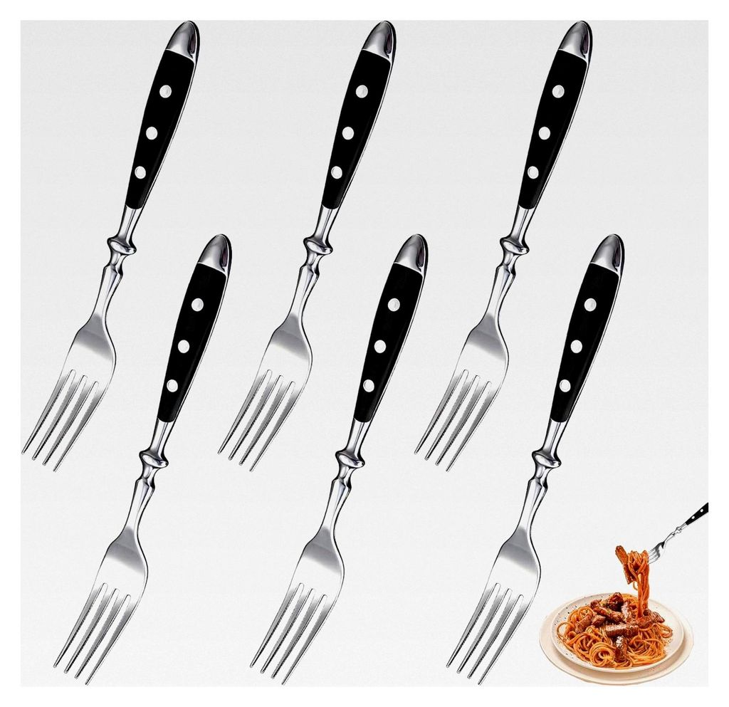 Tafelgabeln, 6 Stück 19,8 cm 18/10 Edelstahl Speisegabel-Set, Handpoliert, Schwarzer Griff, Spülmaschinenfest - Serie Name, geeignet für Zuhause...
