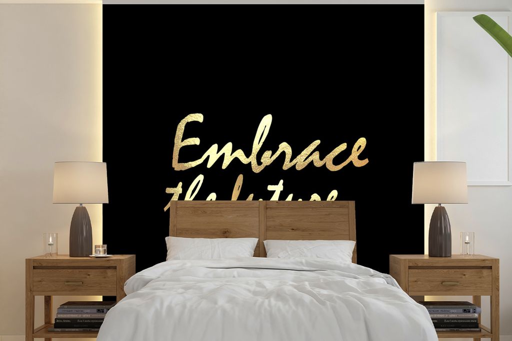 MuchoWow Fototapete für Wohnzimmer oder Schlafzimmer Wandtapete Vinyl Motivtapete Zitate - Motivation - Schwarz - Gold - 300x300 cm - Wanddekora...