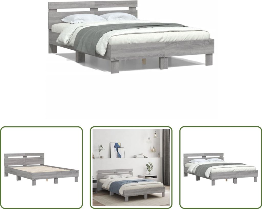 The Living Store Bettgestell mit Kopfteil Grau Sonoma 135x190 cm Holzwerkstoff