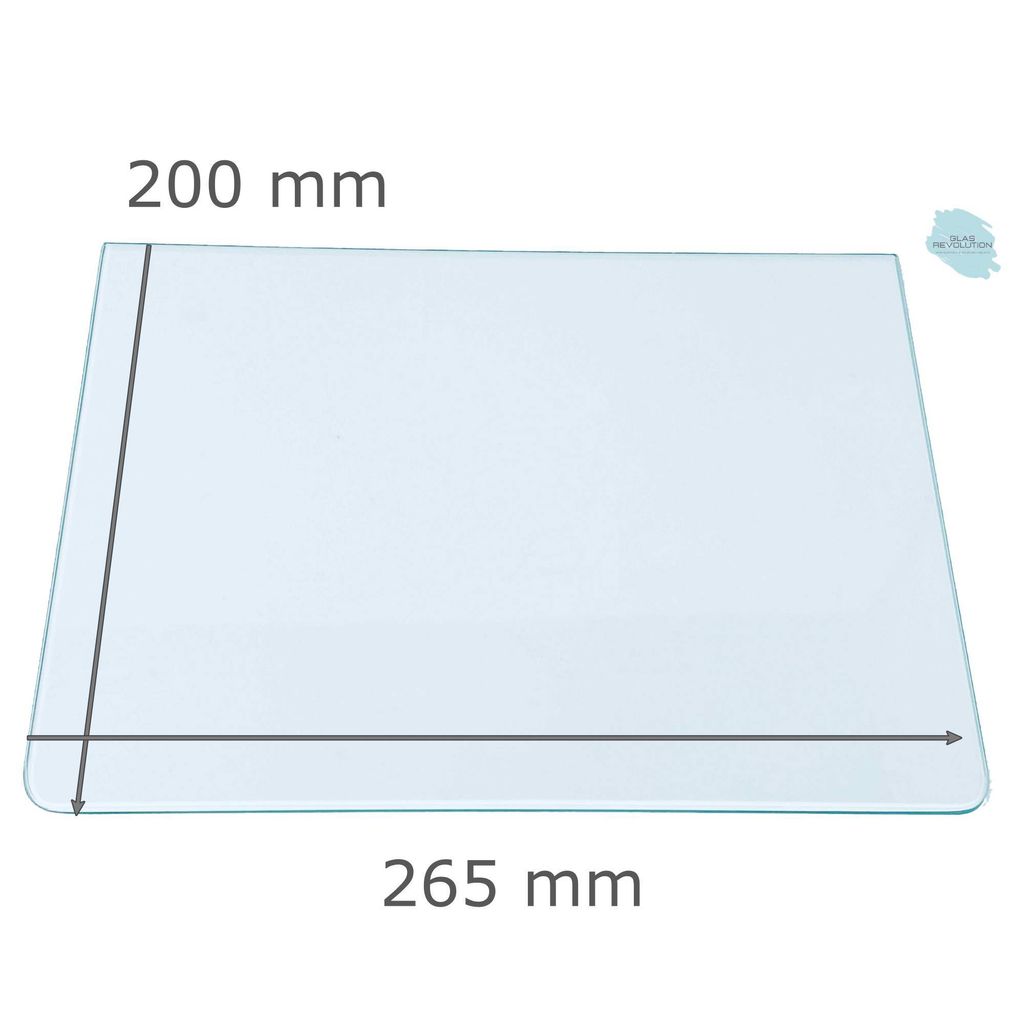 Kühlschrank Einlegeboden - Klarglas 4 mm - 2 abgerundete Ecken - 265 mm x 200 mm - (89,96 EUR / qm - Mindestbfl. 0,25 qm - Kantenb. 5,35 EUR / lfm...