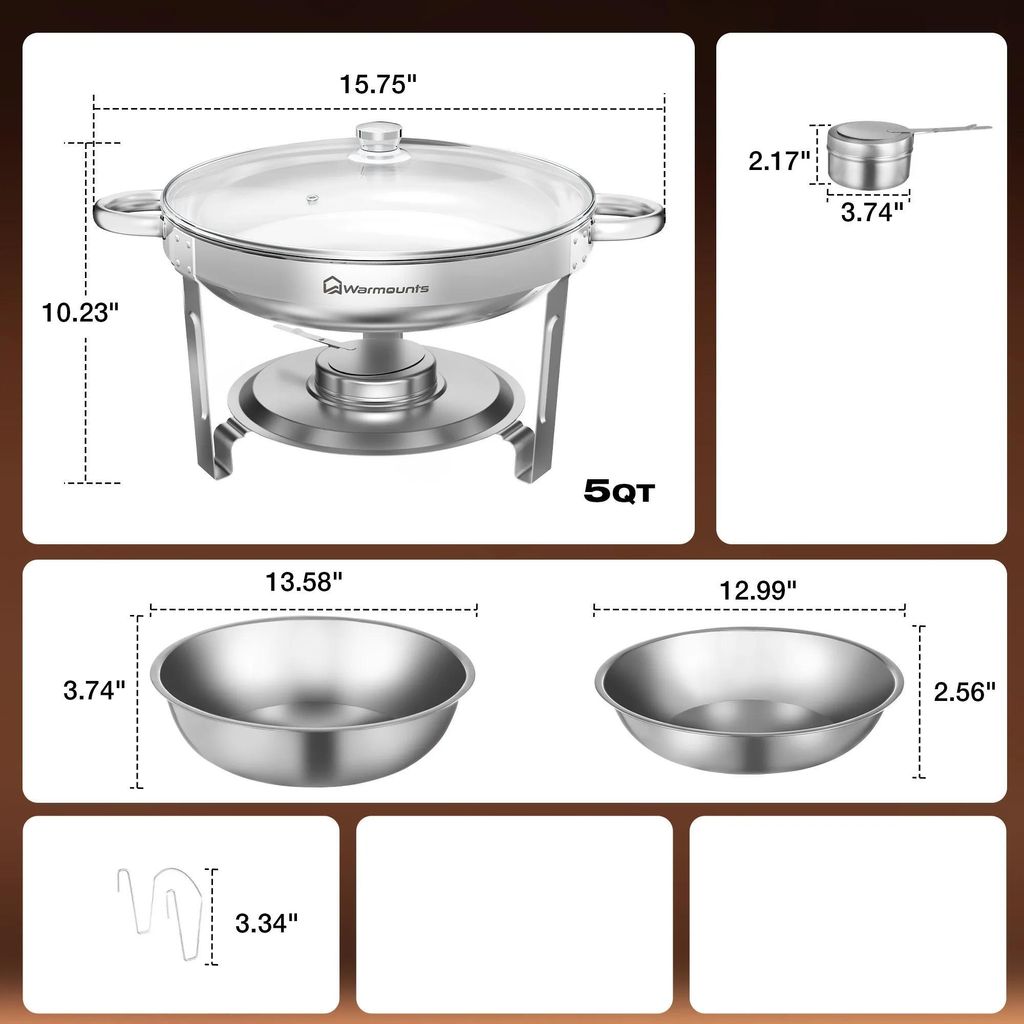Buffetwärmer Set - Rundes Chafing Dish 4er-Pack - 4,7 l Fassungsvermögen - Gehärteter Glasdeckel - Metall - Silber