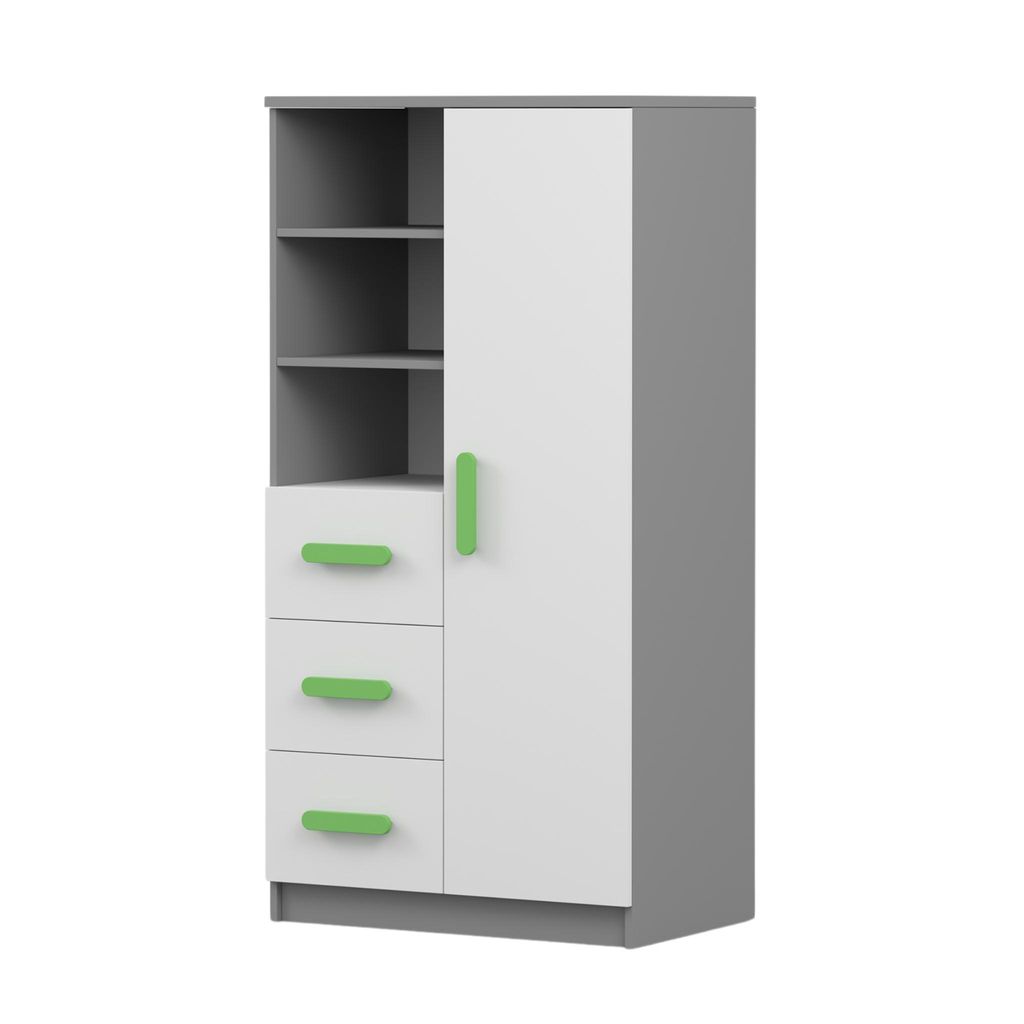 A product shot of a children's bookshelf with drawers and a door.