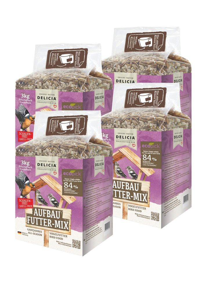 Delicia Aufbau Futter Mix, Vogelfutter, Streufutter, 4 x 3kg, mit Mehlwürmern, Erdnüssen, Sonnenblumenkernen, Schalenfrei, Ambrosia gereinigt