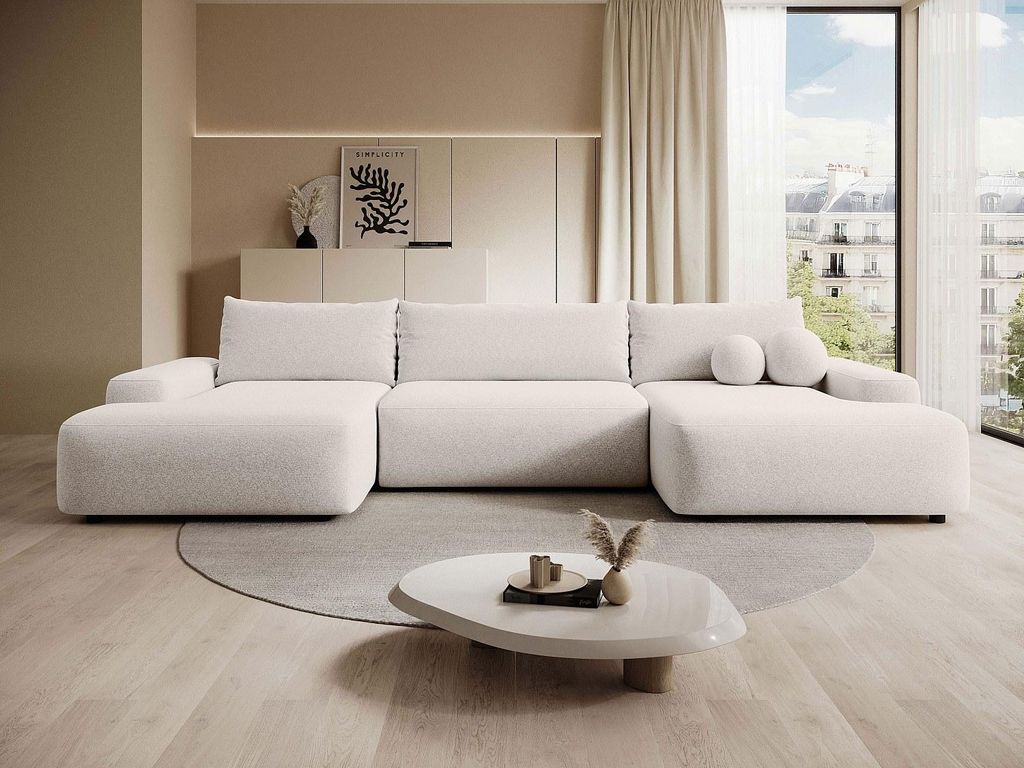 Großes Panorama-Ecksofa mit Schlaffunktion - melierter Stoff - Creme - DAVISO