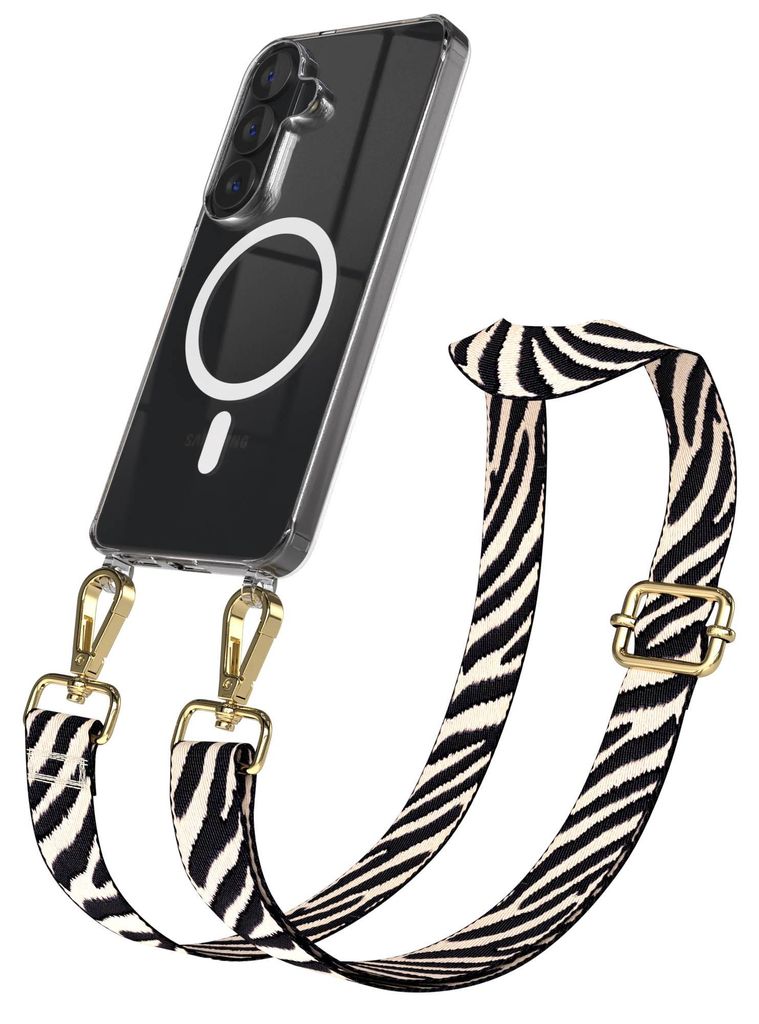EAZY CASE - Handykette mit MagSafe Hülle für Samsung Galaxy S26, Handyband ZickZack Style, Karabiner Gold, Umhängeband in Braun