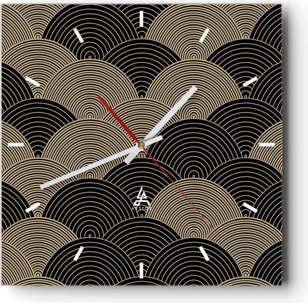 Wanduhr - Quadrat - Glasuhr - Schwarz und Gold Kreise Grafiken - 40x40cm - Schleichendes Uhrwerk - Lautlos - zum Aufhängen bereit - Dekoration Mod...