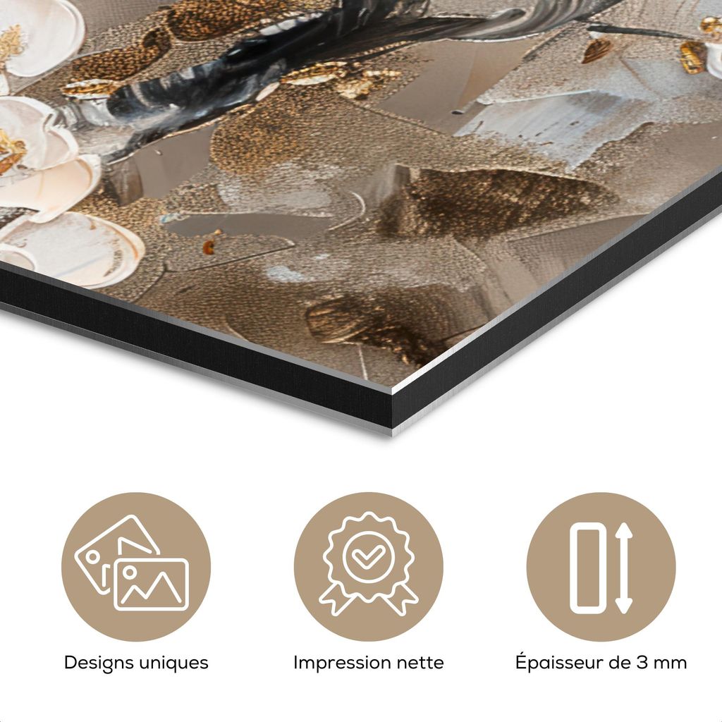 MuchoWow Wanddekoration Metall Metallbild Wandkunst 90x120 cm Blumen - Weiß - Gold - Beige - Luxus MuchoWow Aluminium Gemälde - Industrial