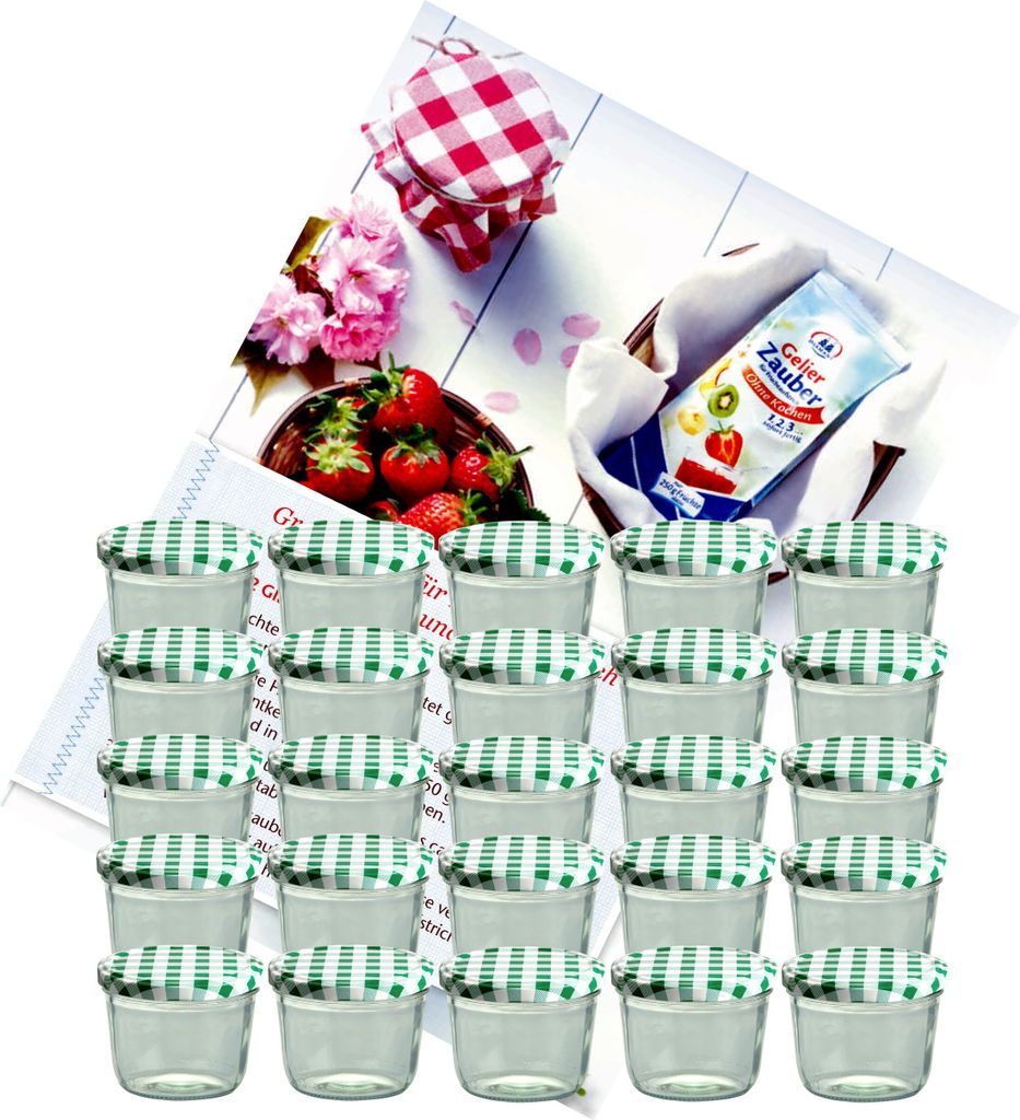 A collection of small glass jars with green checkered lids, along with strawberries, flowers, and a packet of gelling sugar.