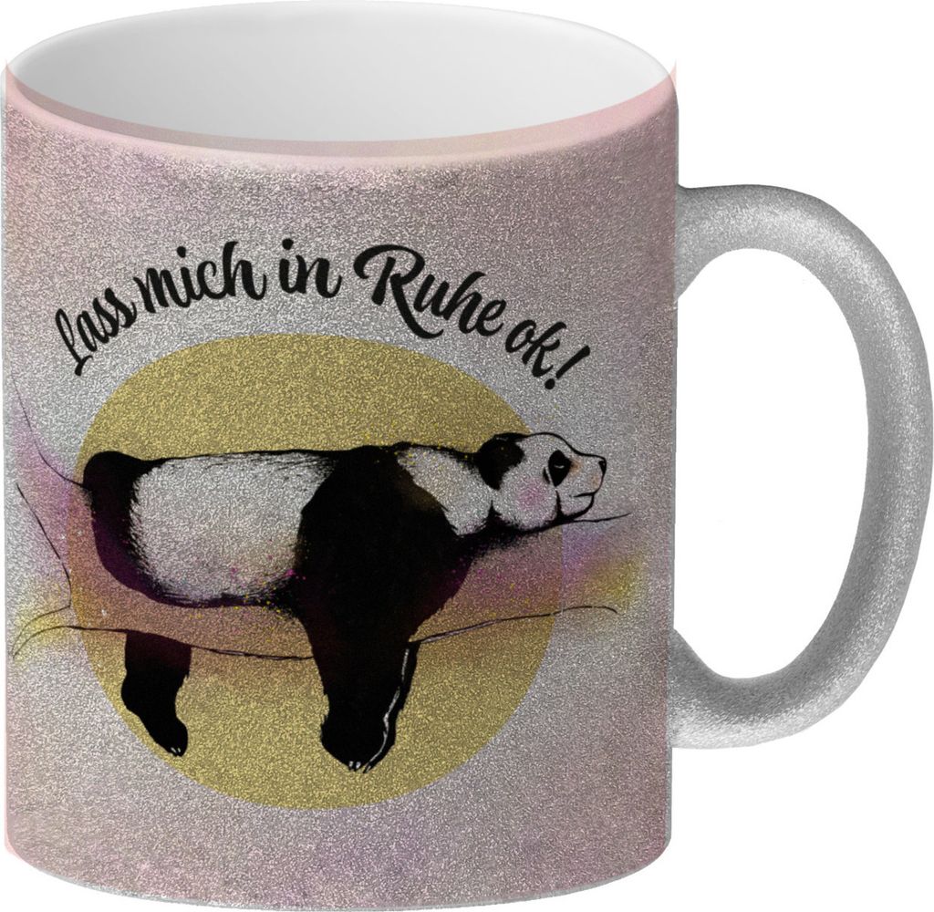 Panda auf einem Ast Glitzer-Kaffeebecher Lass mich in Ruhe ok! in bunten Farben