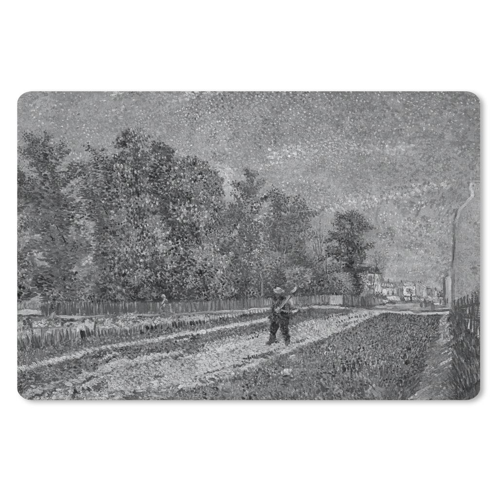 MuchoWow Mauspad Mousepad Außenbezirke von Paris; Straße mit Bauer, der einen Spaten schultert - Vincent van Gogh - Schwarz - Weiß 27x18 cm - ...