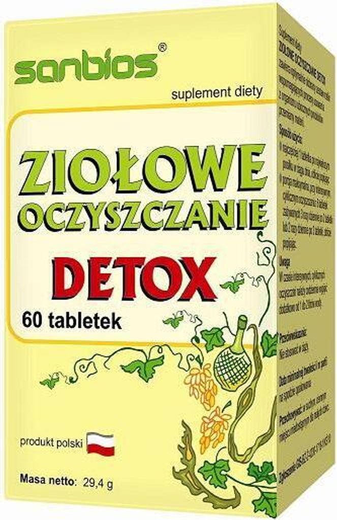 A product box for SANBIOS herbal cleansing detox tablets.