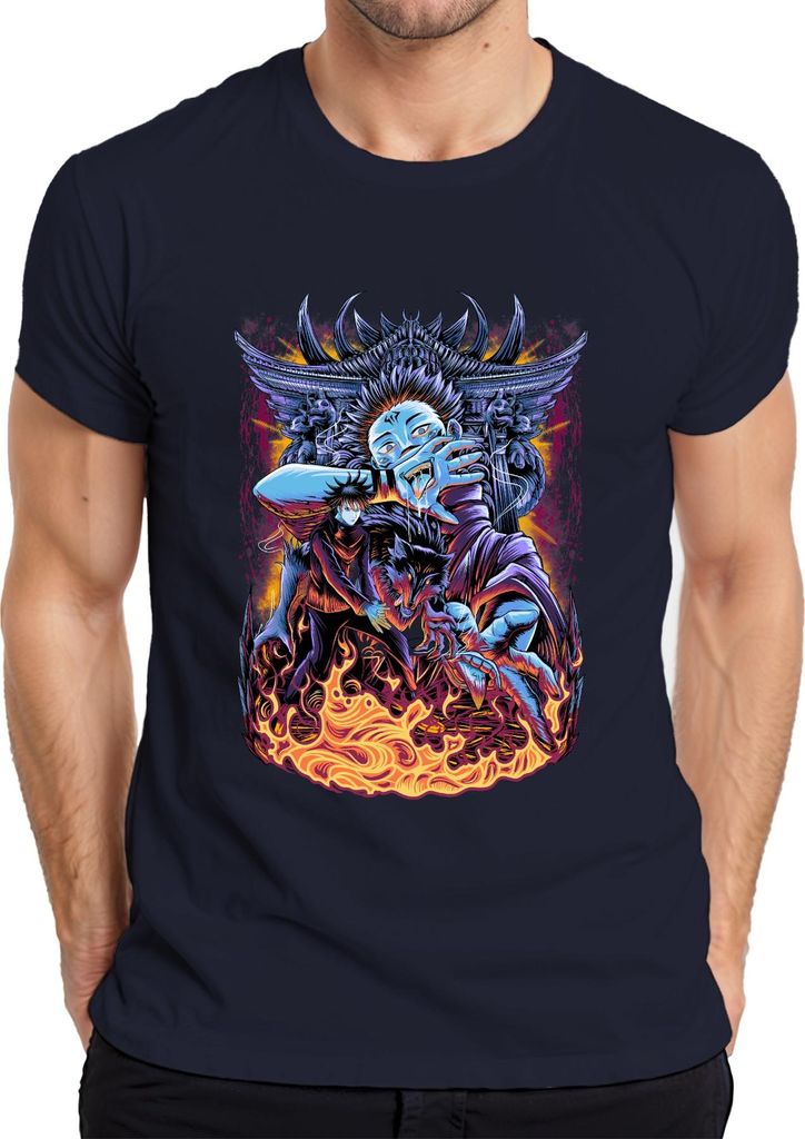 Dämonischer Wolf Anime Ästhetik Feuer Yokai Horror Grunge Herren T-Shirt, Navy, XXL