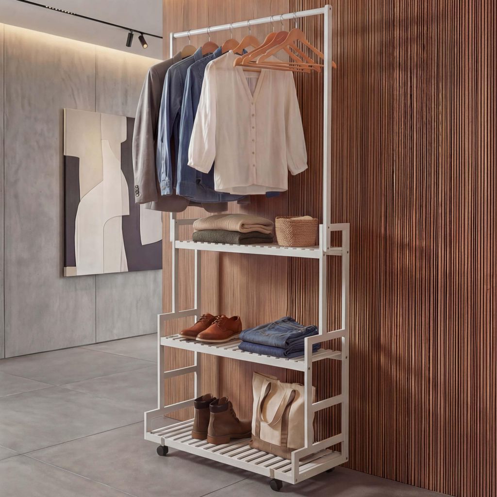 Bambus Standgarderobe MCW-Q33, Garderobenständer Kleiderständer Schuhregal, Stange 3 Ablagen Rollen 175x93x38cm weiß