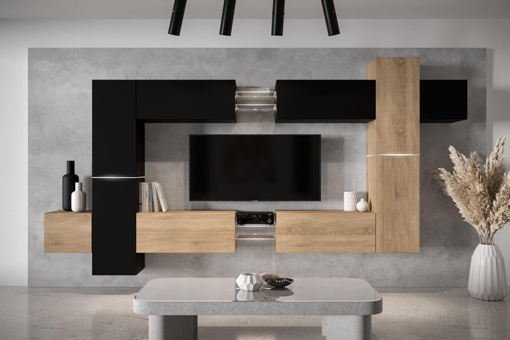 Furnitech Wohnwand Wohnzimmer - Hängend Wohnwand Modern - Regale und TV Schrank - Wohnzimmer Möbel ohne LED (AN91NEW-21BS-M10 MATT)