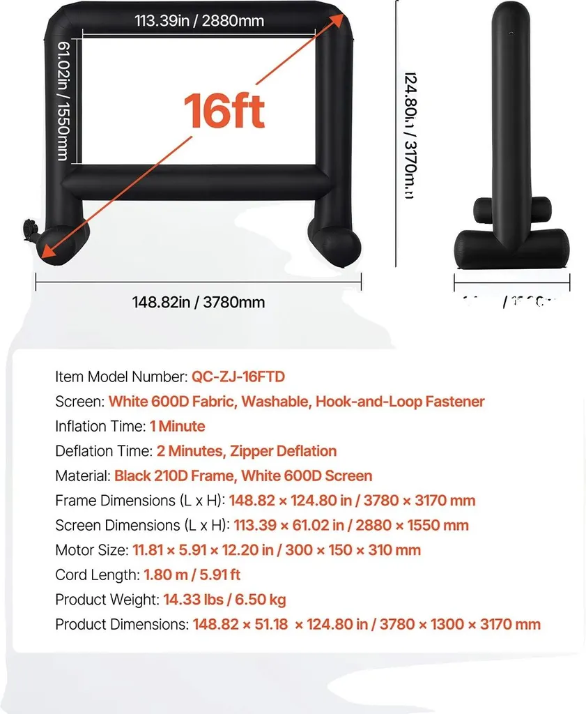 Écran de projection gonflable rapide 16FT - Montage facile en 2 min