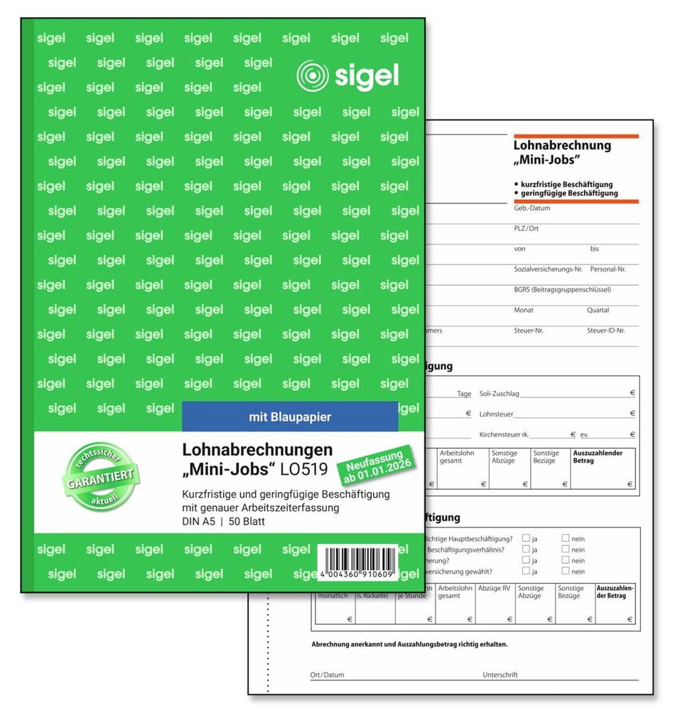 SIGEL LO519 Lohnabrechnungen "Mini-Jobs", Neufassung gültig Produktbild 