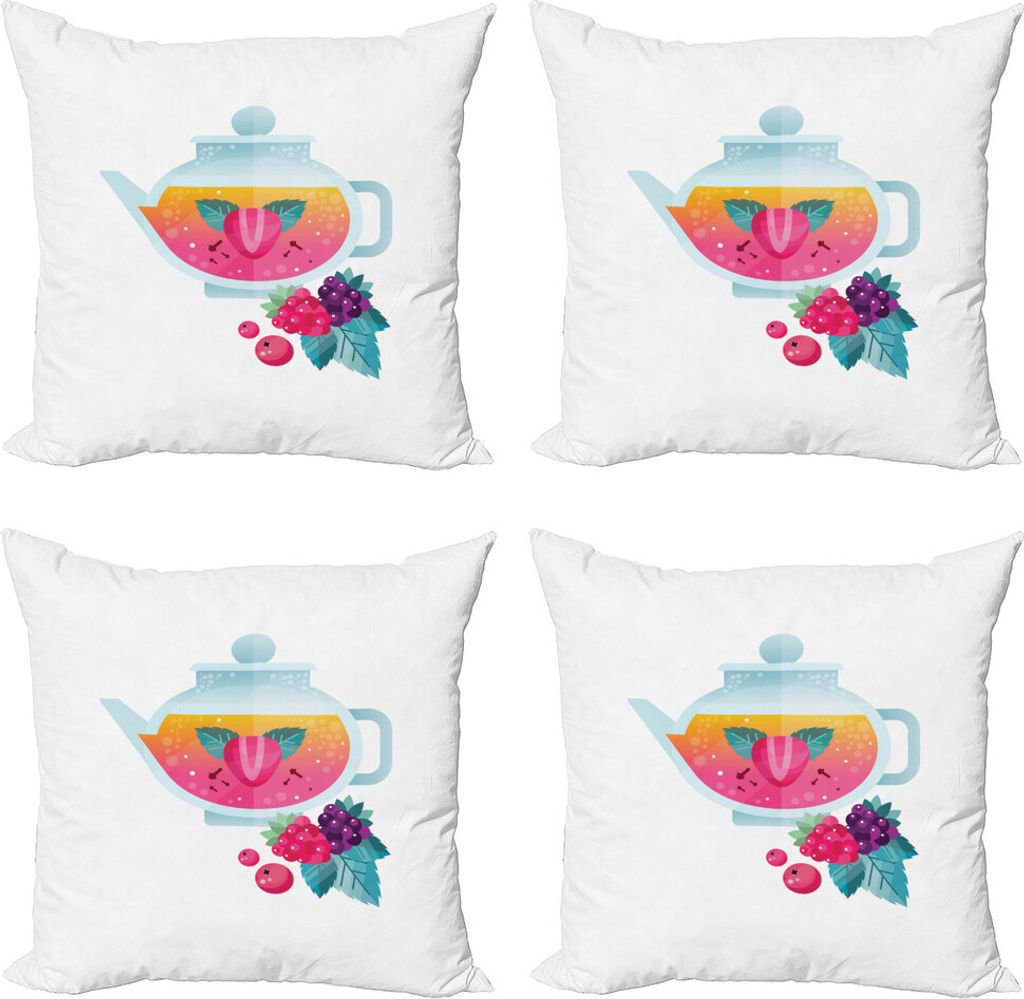 ABAKUHAUS Cranberry Kissenbezug Set (4 Stück), Teetasse Aromatic Trinken, Moderner Doppelseitiger Digitaldruck, 45 cm x 45 cm, Mehrfarbig