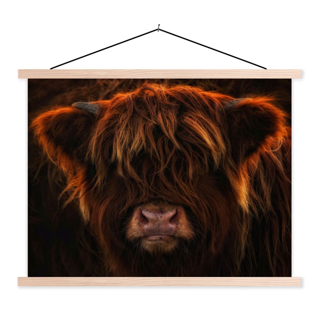 MuchoWow Textilposter Schottischer Highlander - Kuh - Schwarz - Porträt 120x90 cm mit holzfarbenen Rahmen - Magnetisch