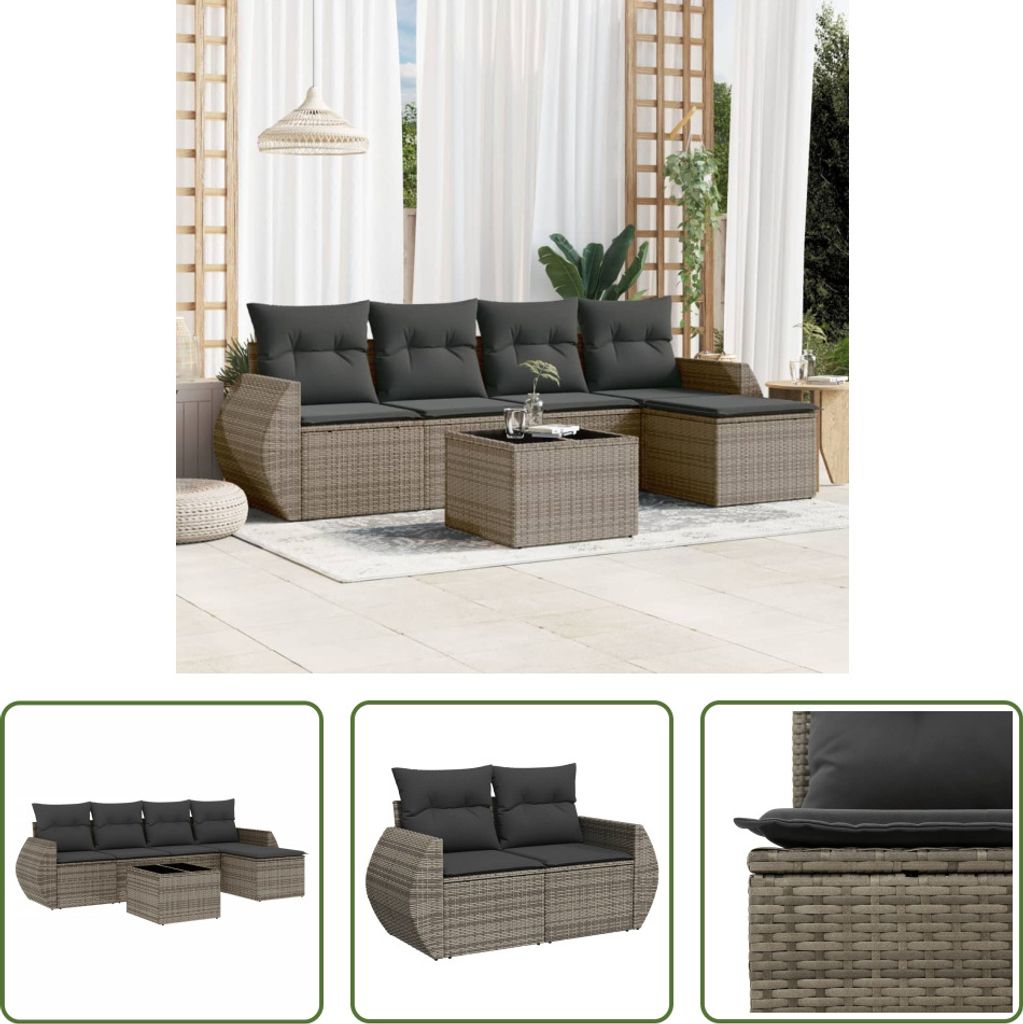 The Living Store 6-tlg. Garten-Sofagarnitur mit Kissen Grau Poly Rattan