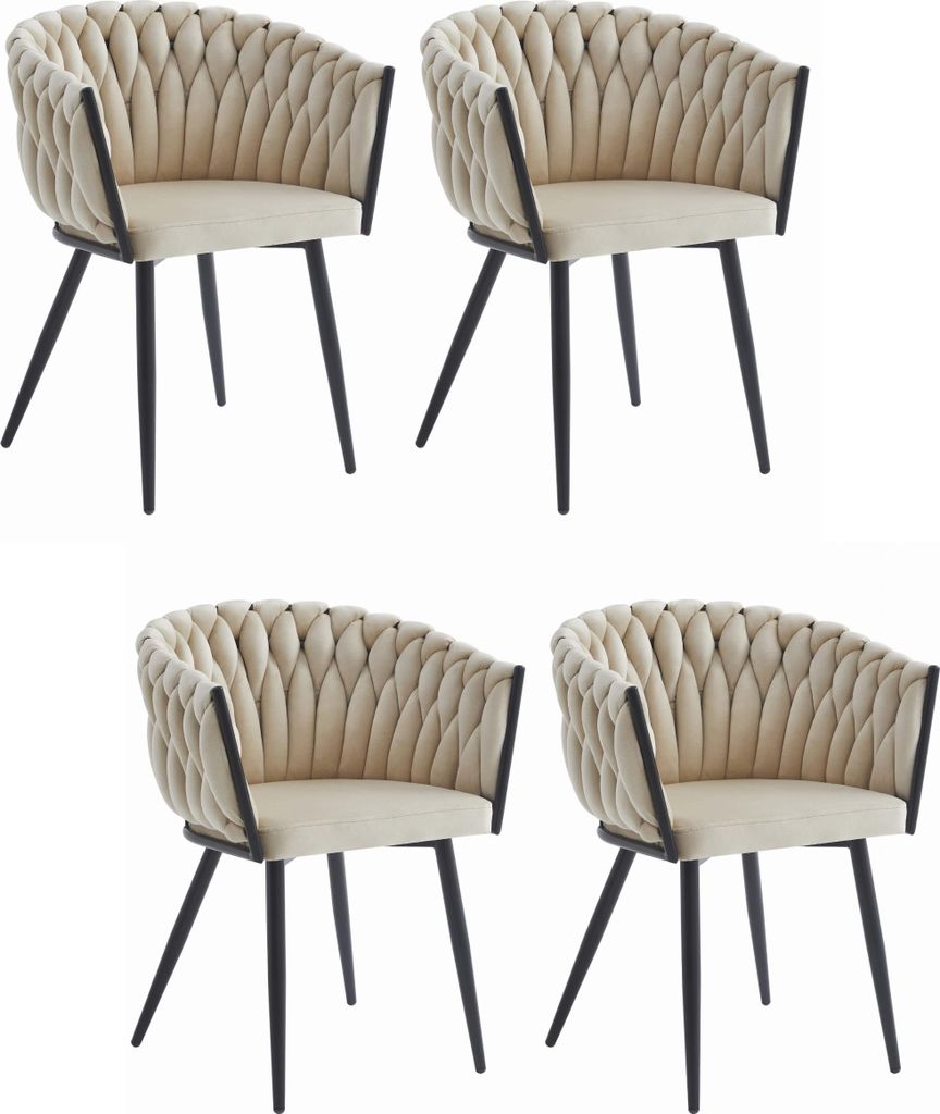 Stuhl ARONA, beige Samt gepolstert mit Armlehnen, schwarze Metallbeine, Abmessungen 61x79x55 cm, für das Wohnzimmer, Esszimmer, 4 Stück