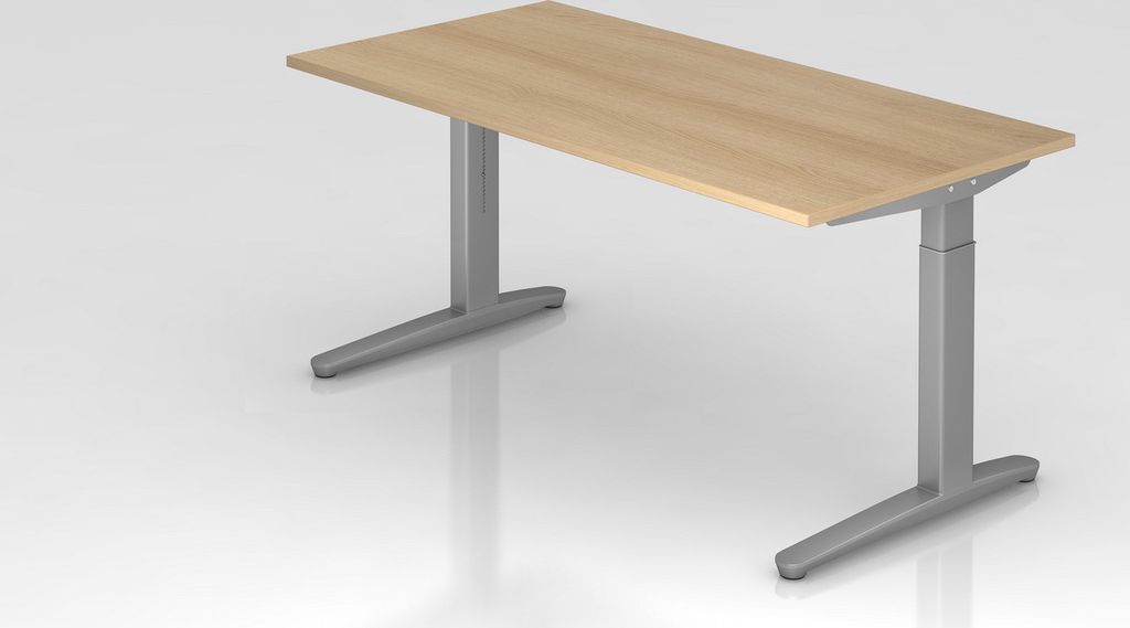 Schreibtisch Mika | Eiche | Silber Gestell | BxT 160x80cm | Arbeitshöhe 65-85cm | höhenjustierbar, 1cm Raster | C-Fuß-Gestell | Rechteckform