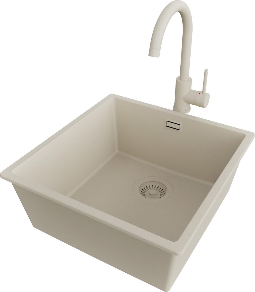 PRIMAGRAN Unterbauspüle Granit Beige 46x47cm, Spülbecken 1 Becken + Küchenarmatur 32x20cm + Ablauf-Set, Granitspüle ab 50er Unterschrank - London